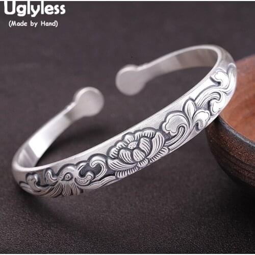 Uglyless Real 999 Pure Silver Lotus Flower Bangles for Women Vintage Ethnic Thai Silver Open Bangle Phoenix Peony Jewelry BA732