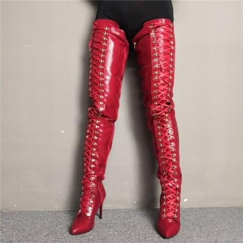 Women Long Crotch High Dance Pants Boots Faux Leather High Heels Lace Up Over Knee Boots Ladies Shoes Woman Large Size 45 46 47