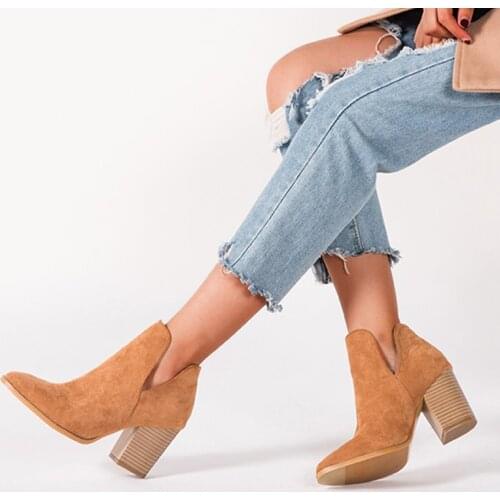Womens Ankle Boots Suede Serpentine Square Heels Female Pumps Pointed Toe Shallow fashion Shoes spring Autumn Ladies Boot 2021