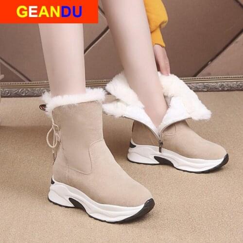 Womens Snow Boots Winter New Matte Leather Wedge With Warm Round Toe Platform Boots Shoes Female Ankle Plush Wedges Lace-up