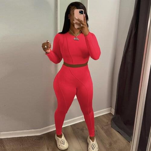 Striped Spliced Fitness Two Piece Sport Suit Women Long Sleeve Bandage Crop Top and Slim Fit Legging Running Casualware Outfit