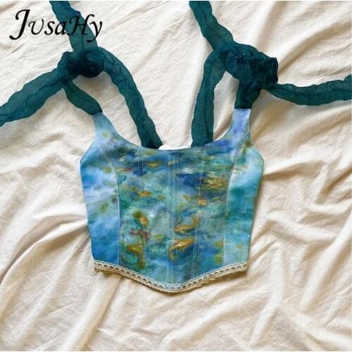 JusaHy Fairy Y2K Vintage Aesthetic Printed Lace Up Camisole Women Elegant BandageTank Top Skinny Party Clubwear Summer Trend