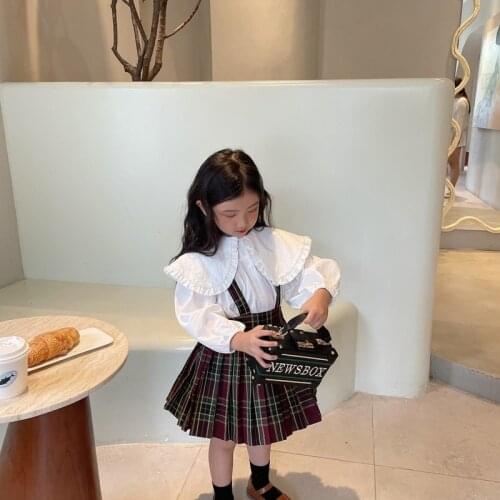 Girls Fashionable Dress Two-pieces 2021 Autumn Doll Collar Long Sleeve Cotton Big Lapel Collar Shirt and Plaid Suspender Skirts