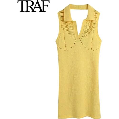 Traf Za Women Fashion Backless Knit Dresses Sexy Summer 2021 Vintage Sleeveless Mini Bodycon Dress Vestido Feminino