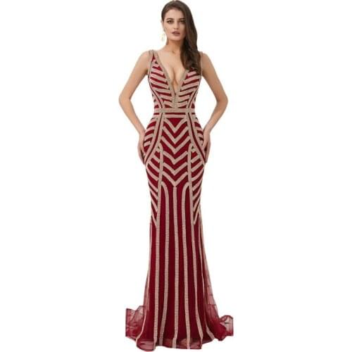 High Quality Deep V-Neck Backless Evening Gown Sequined Tank Mermaid Prom Dress Robe de soiree Fishtail Vestido de noche 60716
