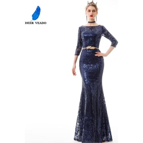 DEERVEADO Sexy Mermaid Evening Dress Long Formal Party Dresses Evening Gown Sequins Lace Occasion Dresses with Belt YS455