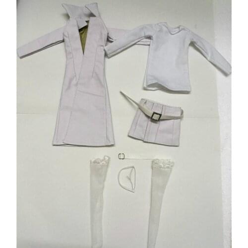 1/6 Female White Overcoat Headgear Neck Collar Shirt Stockings Skirt with Belt Clothing Suit Set for 12in Action Figure Toy