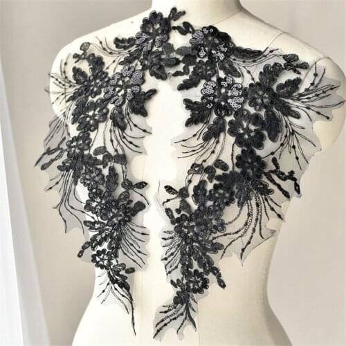 2Pcs 42*20cm Embroidery Code African Lace Sequin Flower Patch Applique Sew Wedding Dress Veils Clohthes Fabric Black Red White