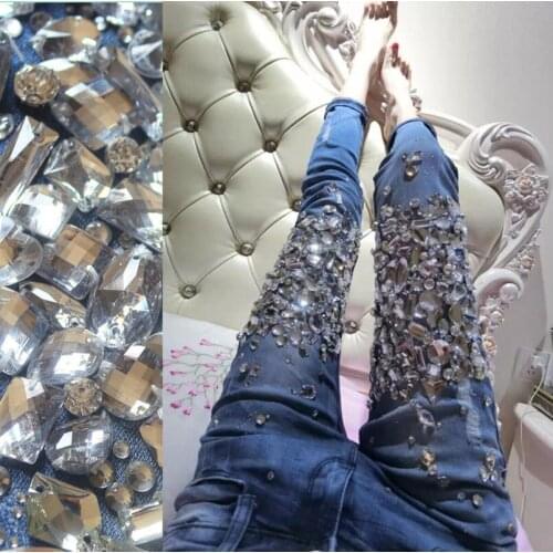 2020 Beaded Jeans Womens Rhinestone Diamond Set Heavy Industry Slim Plus Size Jeans Woman Street Style Mom Jeans