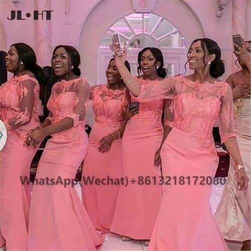 African Nigerian Black Womens Mermaid Bridesmaid Dresses Appliques Elastic Satin 3/4 Sleeves Wedding Party Bridesmaid Dress