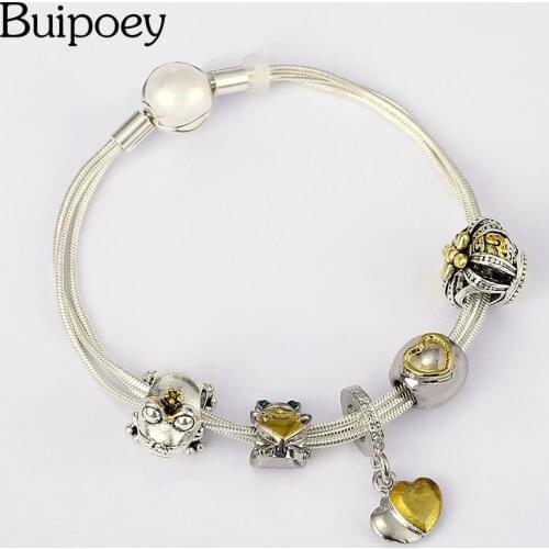 Buipoey Multi Snake Chain Bracelets For Women Original Duotone Heart Charm Frog Crown Beads Bracelet & Bangle Jewelry Gift