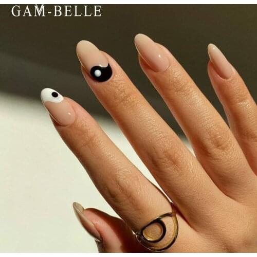 GAM-BELLE Tai Chi White and Black Pattern Fake Nails Long Ellipse Full Artificial Nail Tips Press On Nails Manicure Beauty Tools