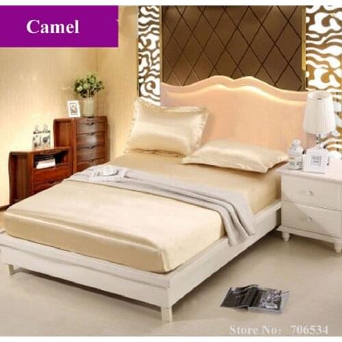 Home Textile 3 Pcs Satin Fitted Sheet Twin/Full/Queen Size Bed Sheet Set Bedding Set with Pillowcase Camel/Blue/White/Grey