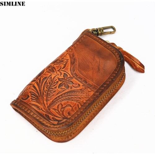 Genuine Leather Key Wallet For Men Women Short Vintage Handmade Zipper Car Key Card Holder Coin Purse Bag Organizer Housekeeper