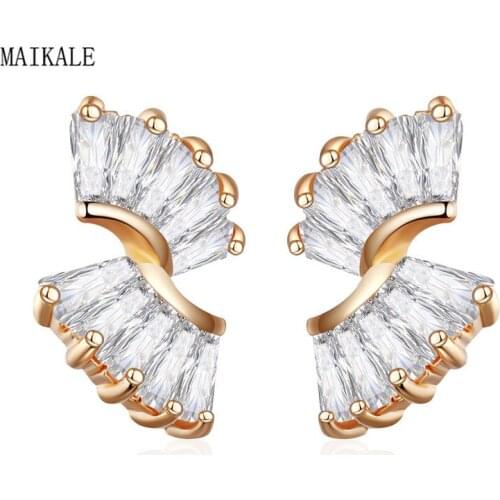 MAIKALE New Fashion Unique Wing Shape Small Stud Earrings for Women Gold Geometric Cubic Zirconia Earrings Charm Jewelry Gifts