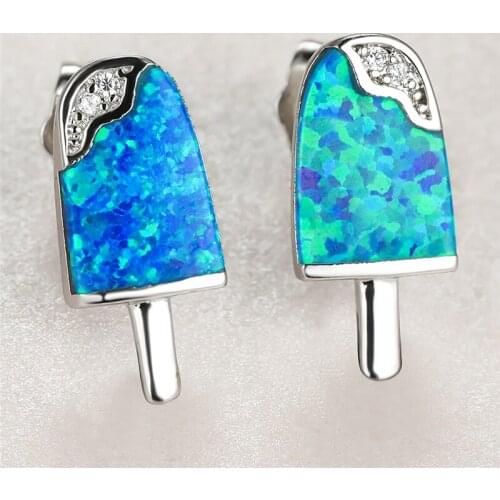 Cute Female Crystal Small Stud Earrings Vintage Silver Color Wedding Earrings Boho Ice Cream Blue Opal Earrings For Women