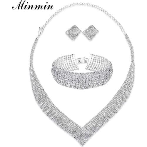 Minmin Luxury Classic Crystal Bridal Jewelry Set for Women Silver Color Wedding Bracelets Necklace Sets Accessories MTL475+SL341