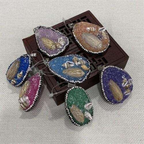 Natural Stone Resin Shell Pendant with Diamonds DIY Handmade Crafts Gift Decoration Irregular-shaped Colorful Necklace Pendant