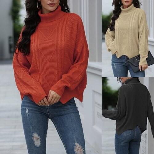 Hot kf-Wave Pattern Turtleneck Pullover Warm Knitted Sweater Hem Ripple Edge Knitted Sweater Autumn