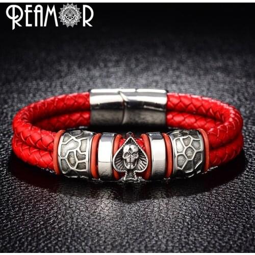 REAMOR Double Braided Leather 316l Stainless Steel Charm Male Bracelets Spades Skull Head Bangle Punk Wristband Mens Jewelry