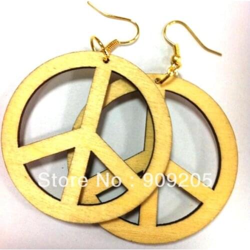 SANSHOOR DIY Natural Unfinished Wooden Earring Round Wooden Earring Drop Peace Sign 10pairs/lot SMT-169J