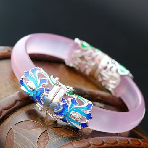 Silver Wholesale Natural Powder Chalcedony Bangle S925 Sterling Silver Bangle Retro Open Thai Silver Bangle Women