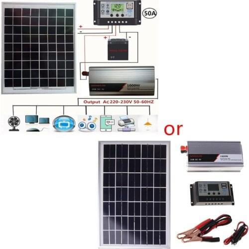 13MA 18V 20W Solar Panel Power System + 12V / 24V Controller + 1000W Inverter AC230V Kit for Energy Saving Generation