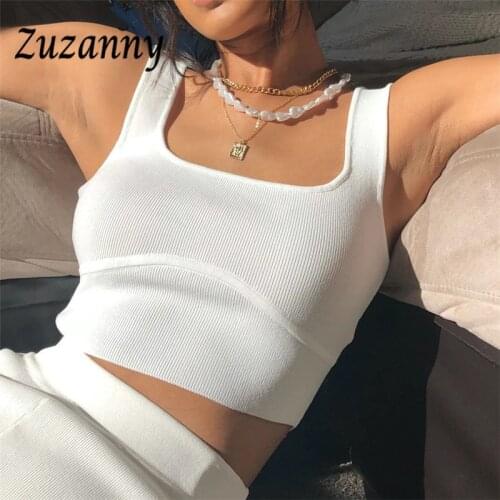 Zuzanny Rib Sexy Square Collar Women Crop Tops 2021 Summer Off Shoulder White Vest Knitted Solid Corset Scoop Tank Tops