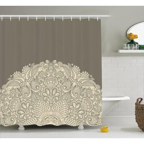 Oriental Shower Curtain Half Mandala Figure with Rich Floral Curls Traditional Vintage Motif Waterproof Polyester Bath Curtains