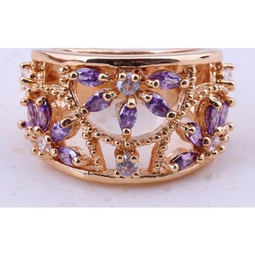 Impressive Purple Austrian Crystal Yellow Gold Color Rings For Women Wedding Party Cheap Fashion Jewelry Free Gift Box I0133