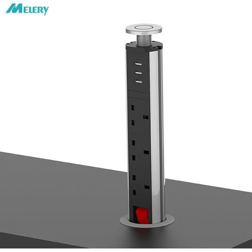 Pop Up Socket USB 3 Way UK Plug Electric Outlet Black Silver Chrome Tabletop Power Strip Kitchen Office Home 2m Extention Cord