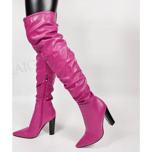 BERZIMER Women Over Knee Boots Faux Leather Chunky Heels Side Zip Tall Boots Botas Mujer Shoes Woman Large Size 43 44 45 46 47