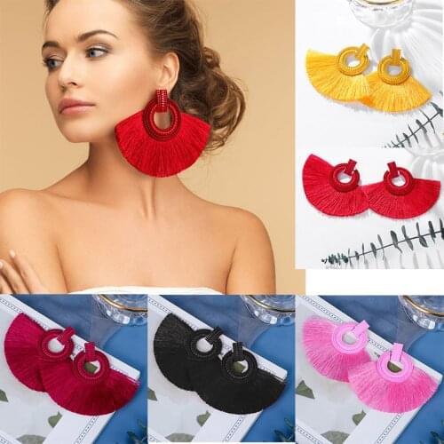 POXAM Fashion Bohemian Big Tassel Drop Earrings For Women Vintage Cotton Silk Fabric Fringe Dangle Earrings 2020 Female Jewelry