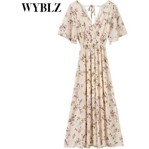 WYBLZ Summer Women Chiffon Dress V-neck High Waist Floral Print Beach Midi Dresses Backless Sexy Ruffled Short-sleeved Vestidos
