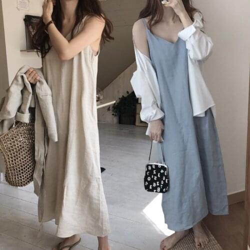 2021 New Women Summer Cotton Linen V Neck Long Spaghetti Strap Dress Sleeveless Maxi Camisole Sundress