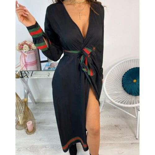 2021 Sexy Women Deep V-neck Shirt Dress Spring Autumn Long Sleeve Chain Print Mid-calf Dresses Laides Lace Up Party Dresses