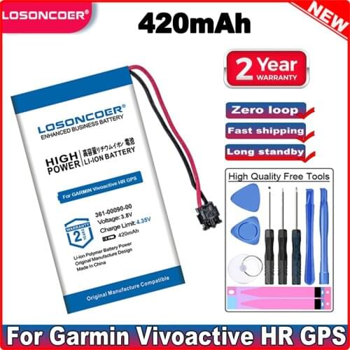 LOSONCOER 420mAh 361-00090-00 Battery For Garmin Vivoactive HR GPS Smartwatch watch Rechargeable Tools Stand Holder Stickers