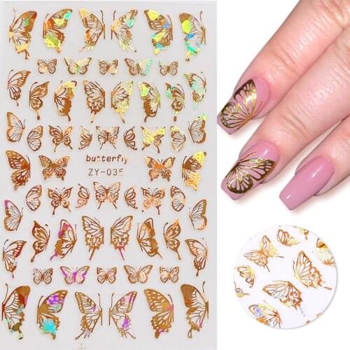1PC Glitter Holographics 3D Butterfly Nail Art Stickers Sliders Spring Summer Golden Nail Transfer Decals Foils Wraps Decoration