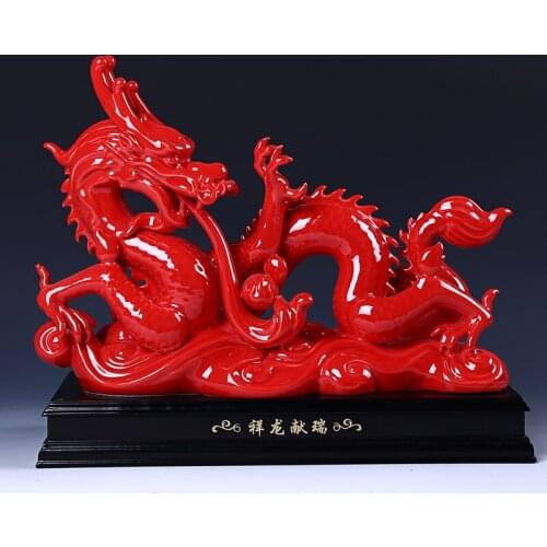 Dehua Ceramic dragon ornaments Fengshui Zhaocai Gold Plated Red Dragon Zhuozhu zhenzhai handicraft home living room study furnis