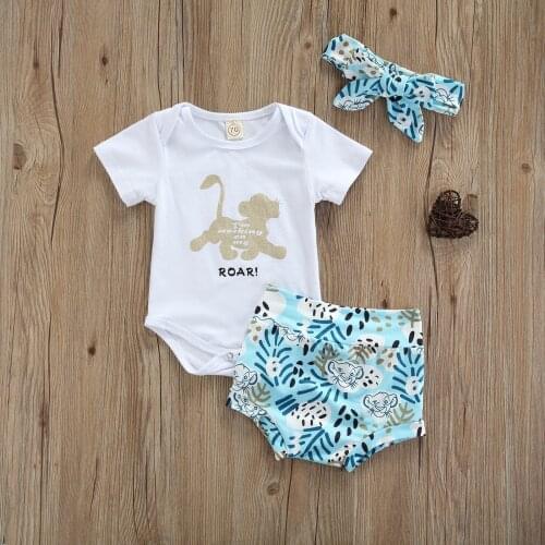 3 Pcs Baby Girl Clothes Summer Clothing Short Sleeve Tiger Print Romper + Bottom Button Shorts + Bow Headband