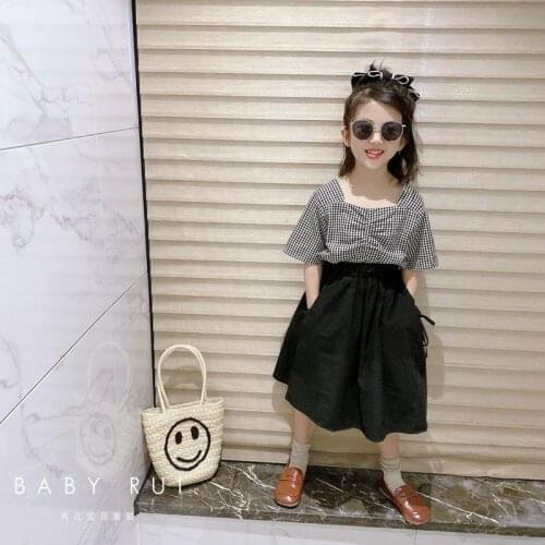 Girls Summer Clothes Sets 2021 New Design 2 Pieces Set Plaid Tops + Black Middle Length High Waist Skirts