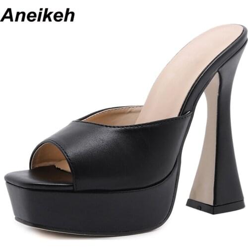 Aneikeh Fashion Summer Solid Platform Spike Heels Modern Slippers Head Peep Toe Shallow Outside Fashion Shoes For Women 2021 NEW