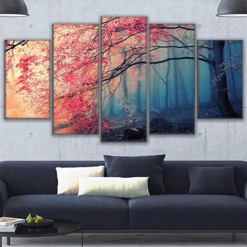 Modular HD Prints Painting Wall Art Framework Red Tree Forest Canvas Poster 5 Pieces Cherry Blossoms Scenery Pictures Home Decor
