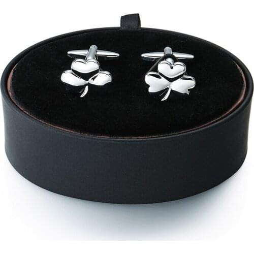 DY New Mens French Cufflinks black leather box set the fashion brand clover leaves Silvery Cufflinks Gift Set FREE SHIPPING