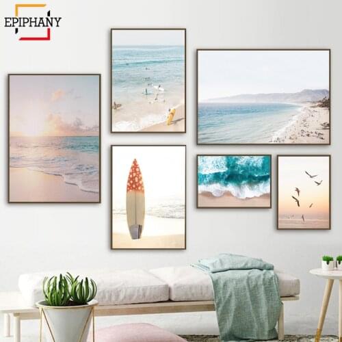 California Beach Wall Art Coastal Print Modern Boho Canvas Painting Surfing Aerial Waves Posters Wall Pictures for Living Room