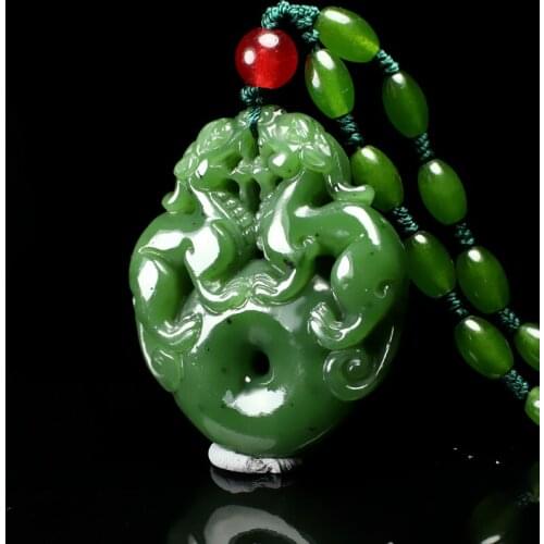 Nature Green jade 2 Pi Xiu Amulet Pendant hanging Russia jasper Bead Necklace Lucky ornaments