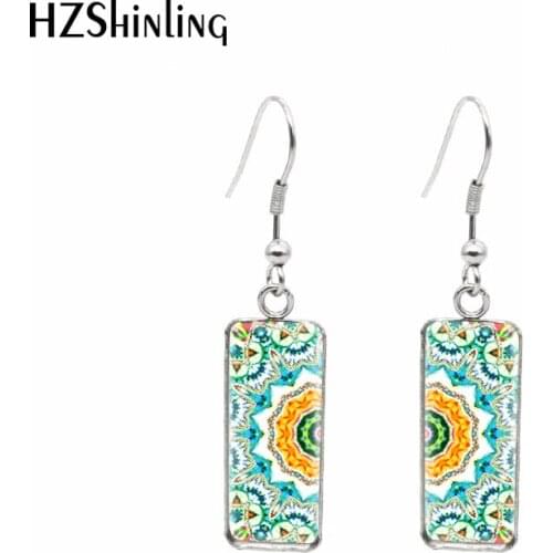 2021 New Green Mandala Pattern Rectangular Earring Floral Art Fish Hook Earrings Glass Cabochon Handmade Jewelry