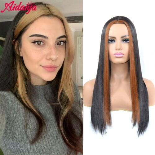 Aidaiya Long Straight Black Brown Wig Synthetic Wigs for Women Natural Middle Part Wig Heat Resistant Fiber Natural Looking Wig