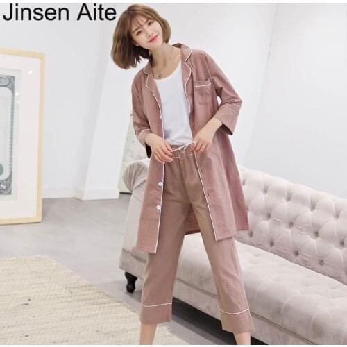 Jinsen Aite Vintage Cotton Linen Autumn 3PCS Women Pajamas Sets New Long Sleeve Turn-down Collar Sleepwear Casual Pyjamas JS837