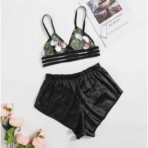 Sexy Lingerie Pajamas Pants Set Black Tops V Neck Transparent Lace Sleeveless Shorts Pyjama for Women Pizama Damska Drop Ship